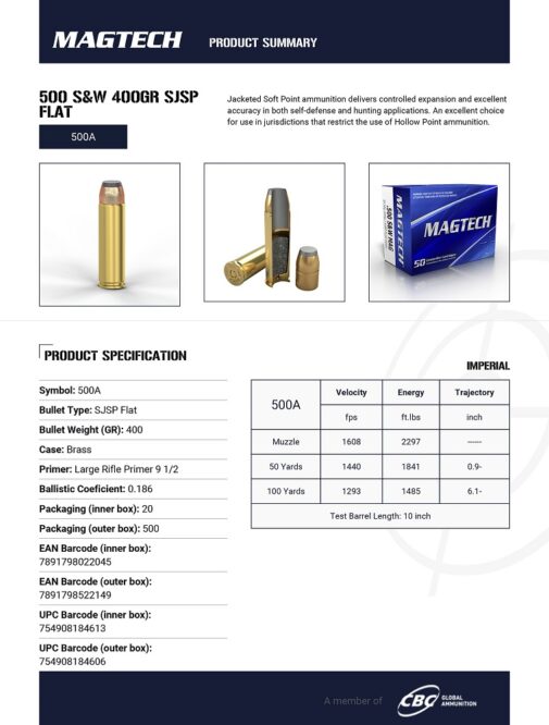 BOITE DE 20 MAGTECH 500 SW 400GR SJSP FLAT 500A – Image 3