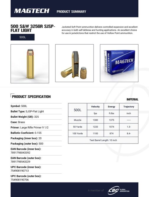 BOITE DE 20 MAGTECH 500 SW MAG 325GR SJSP FLAT LIGHT LOADING 500L – Image 2