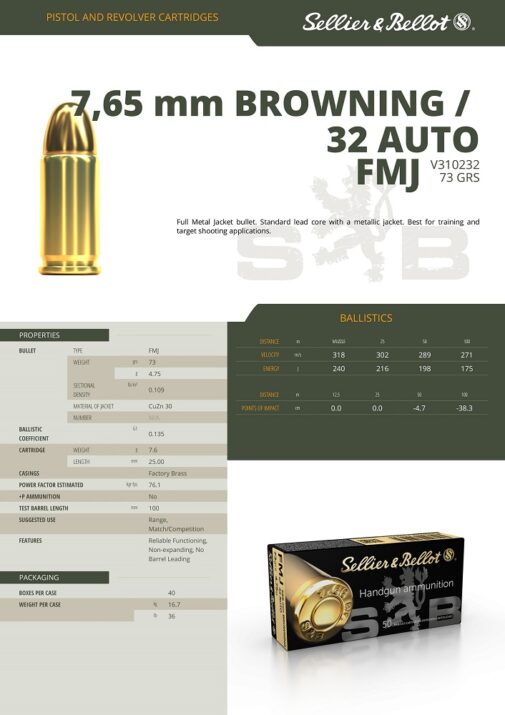 CARTOUCHES SELLIER BELLOT cal.7,65 mm (.32 Auto) FMJ – Image 2