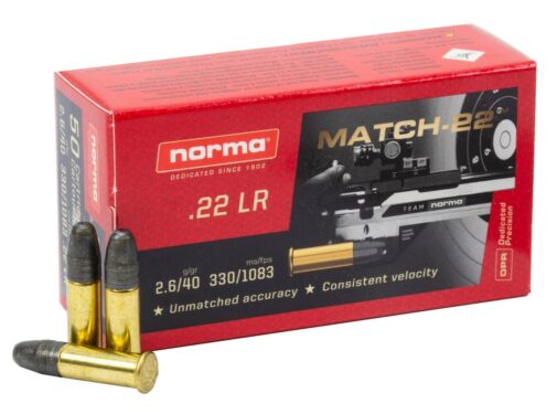 Cartouches Norma 22LR 2.6G/40GR MATCH-22 LRN Boite de 50