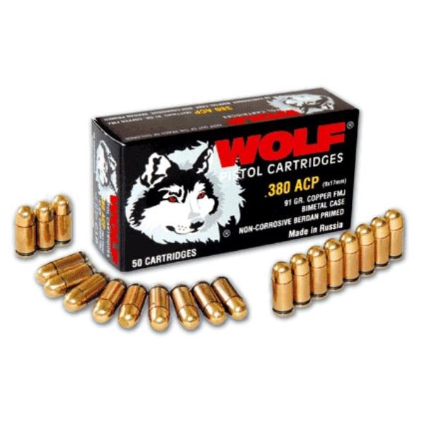 Cartouches Wolf Cal. .380 ACP (9mm court) 91 grs FMJ x50