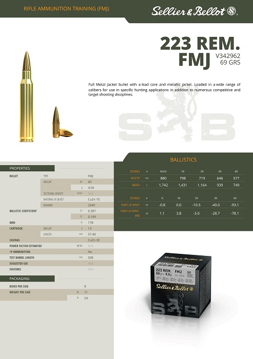 SELLIER & BELLOT CARTOUCHES SB 223 REM FMJ VRAC x100 69GR 4.5g V342962*+ – Image 2